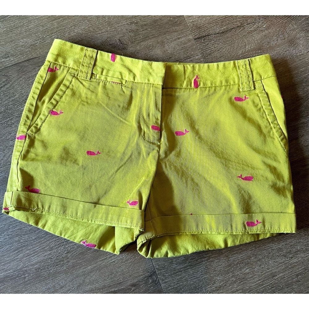 J Crew Women's Chino Classic Twill City Fit Shorts Green Embroidered Whales Sz 6